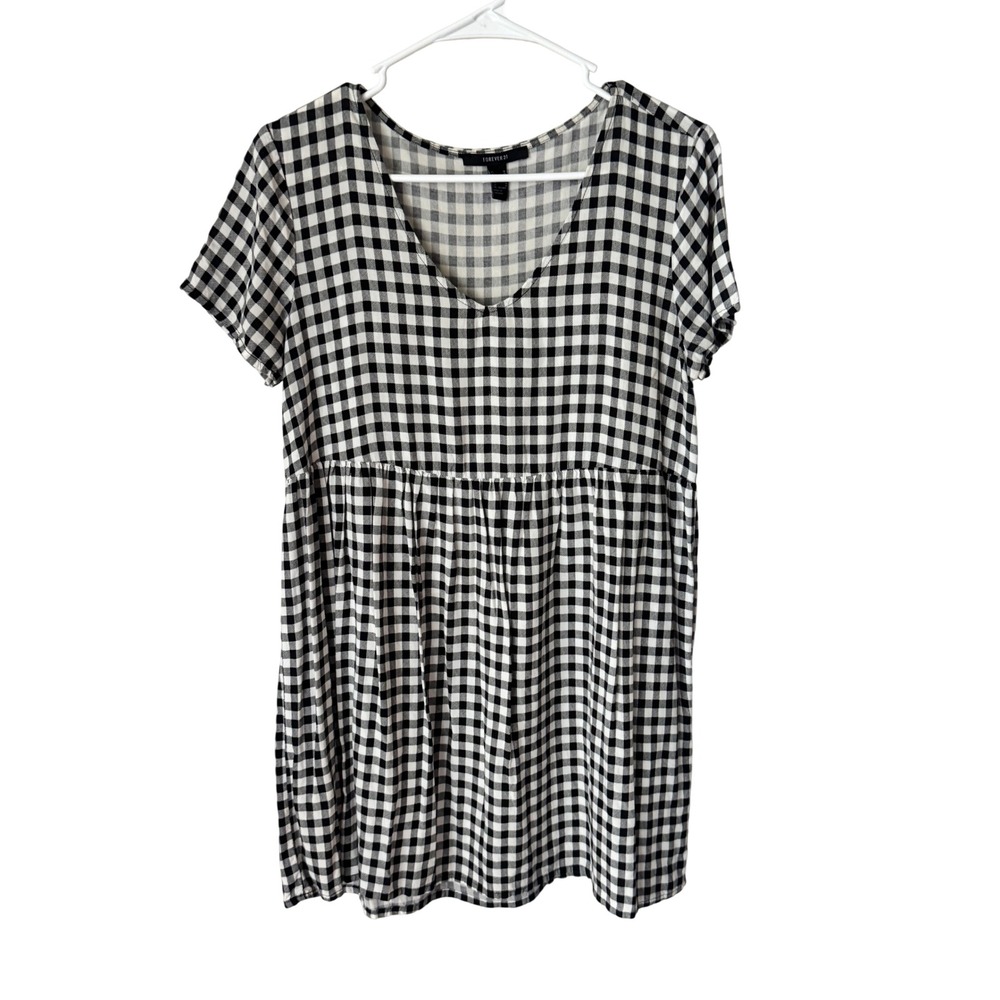 Forever 21 Womens Medium Black White Gingham Checkered V-Neck Babydoll Top